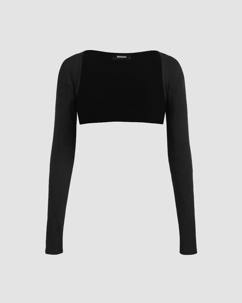 Stretch Full Sleeve Cropped Shrug in Black Front View For Women | Littlebox India