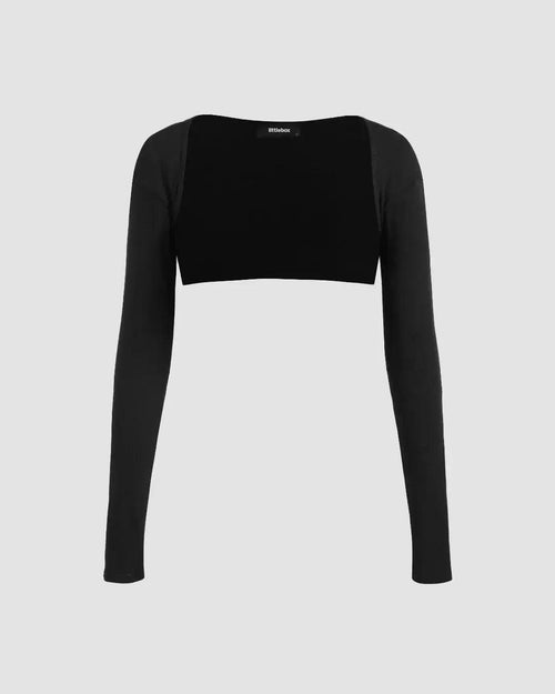 Black collarless long sleeve crop shrug, featuring a solid design and a cropped fit.