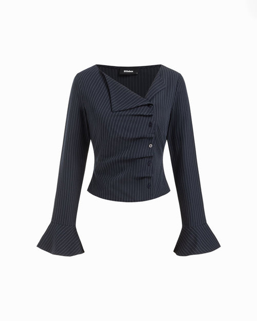 Front view of ruffle sleeve top with pinstripe pattern, asymmetrical button front and flared cuffs for a tailored look.