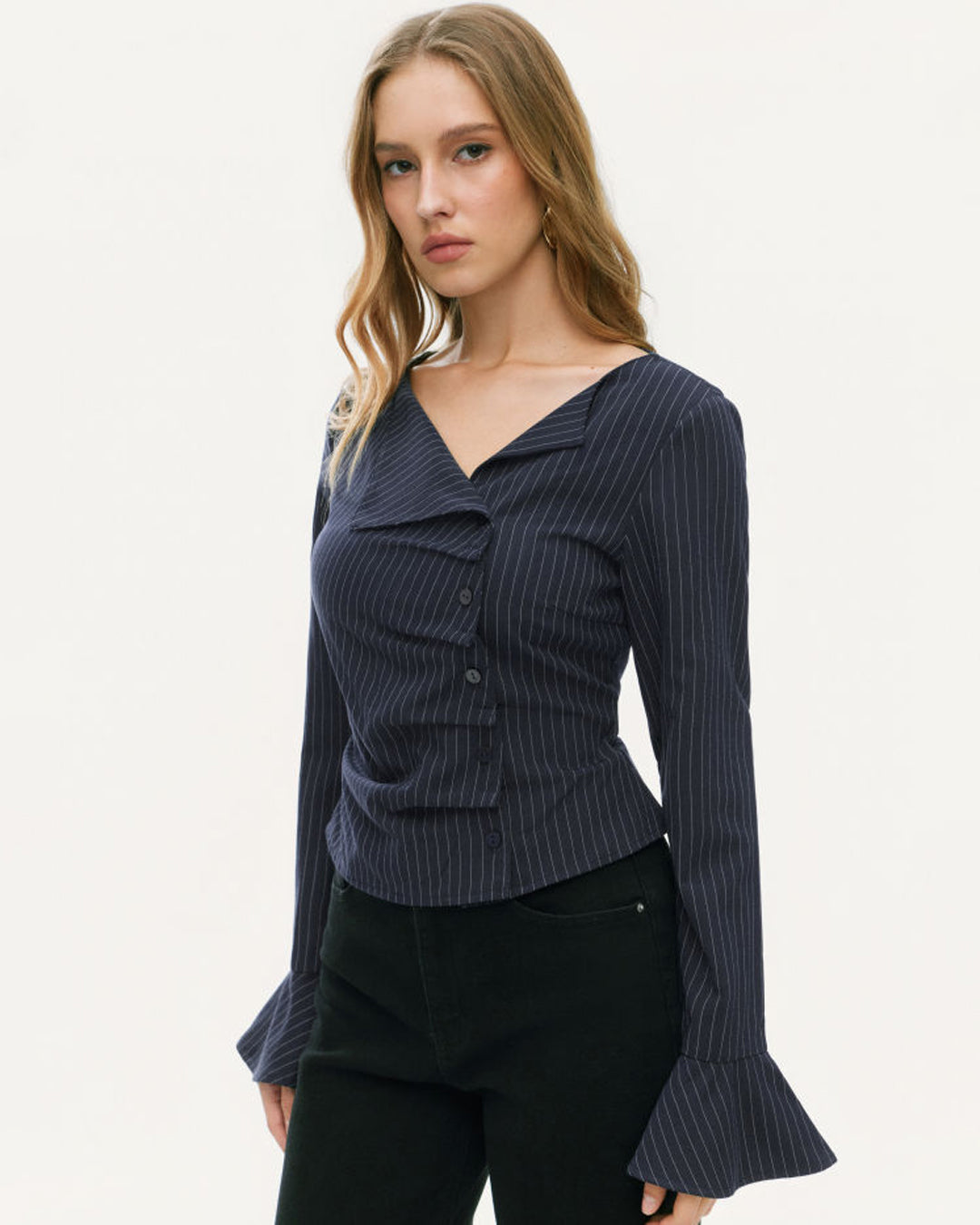 Navy Blue Asymmetrical Ruffle Sleeve Top - Littlebox India
