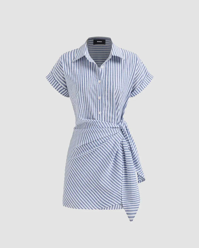 Blue and white striped mini shirt dress with a wrap design, featuring short sleeves and a fitted silhouette.
