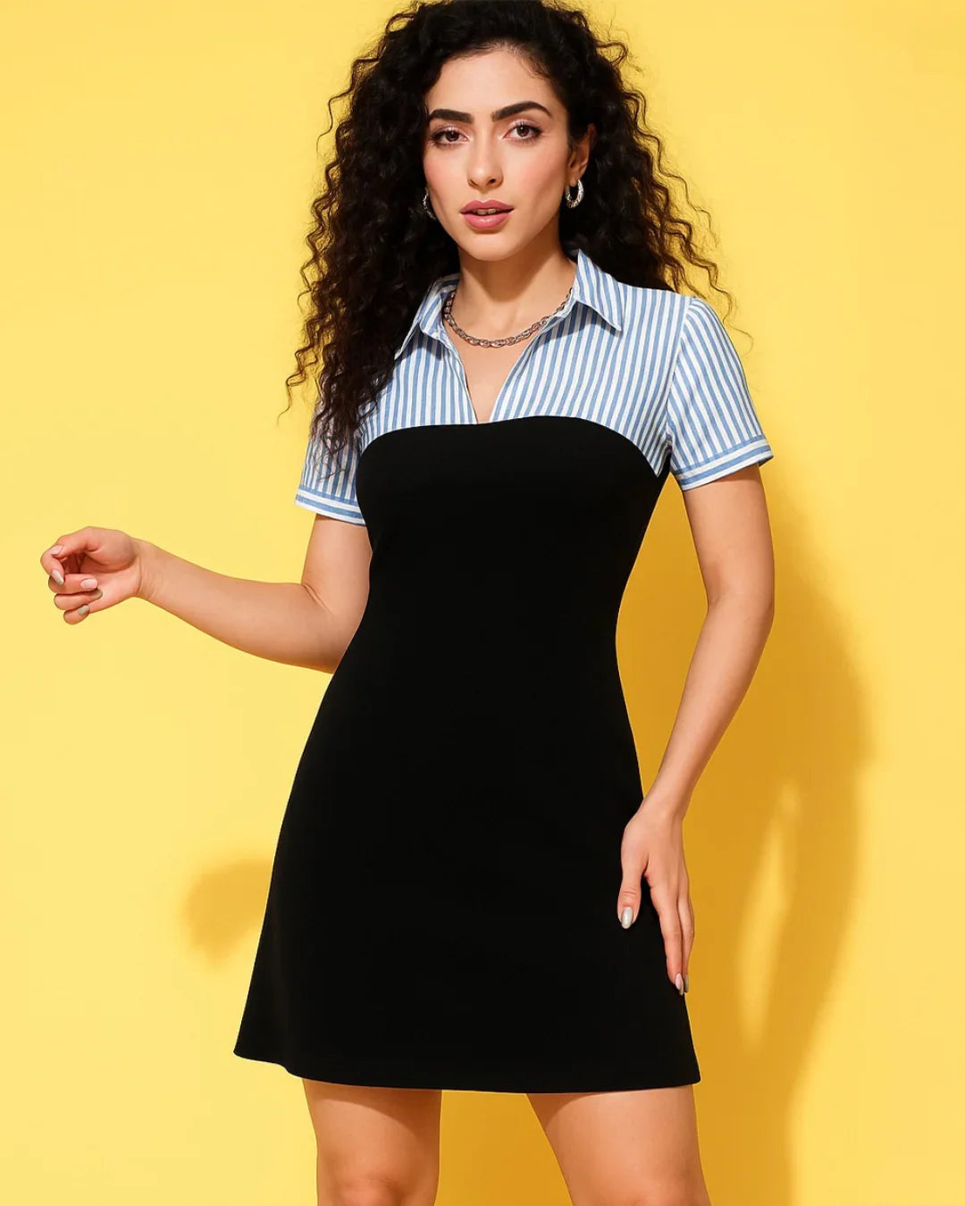 Striped Blue Shirt Collar Black Mini Dress