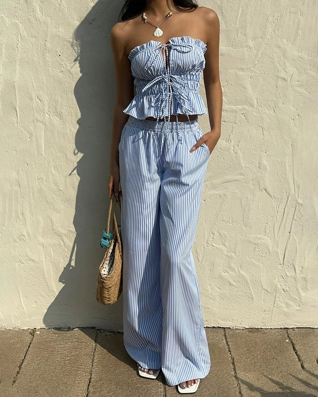 Palazzo Striped Crop Top And Pants Set Striped Co-ord Set With Tie