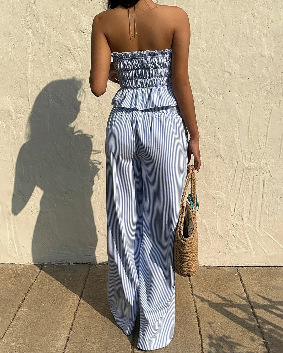 Striped Co-ord Set With Tie Front And Ruffle Detail Top Long Pants