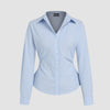 Front view of Women's long sleeve blue and white striped shirt with a collar