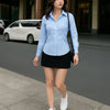 Striped Collared Full Sleeve Formal Shirt in Light Blue On Model for Women | Littlebox India