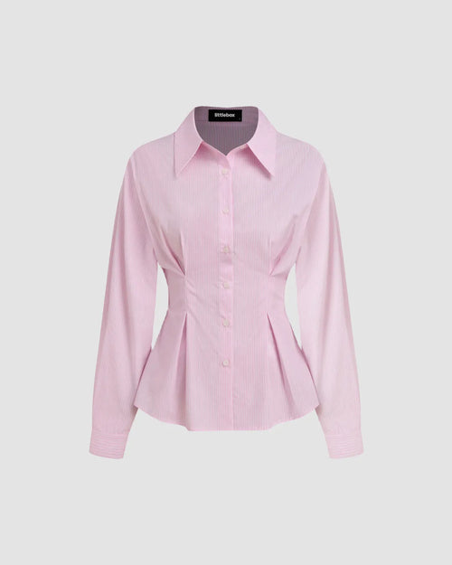 Front view of Pink striped collared neck top with full sleeves and button-down front, tailored fit with defined waist