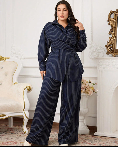 Front view of plus size co ord set in navy with striped shirt and wide leg trousers, comfortable relaxed fit style