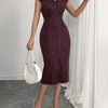 Striped Lapel Collar Button Front Midi Dress in Wine Front View for Women | Littlebox India