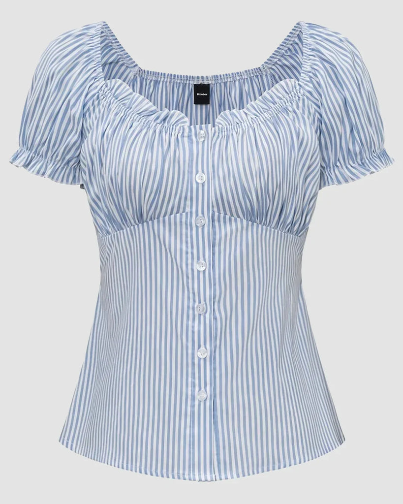 Blue and white striped blouse with ruffled sleeves, featuring a ruched bust and button-down front.

