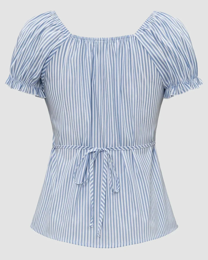 Back view of a Blue and white striped blouse with ruffled sleeves, featuring a ruched bust and button-down front.
