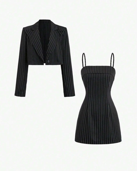 Front view of A black and white striped blazer and dress set featuring dress with spaghetti straps, paired with a matching lapel-collared jacket.