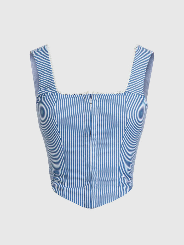 Blue and white striped sleeveless corset top with a square neckline, designed as a stylish crop top.