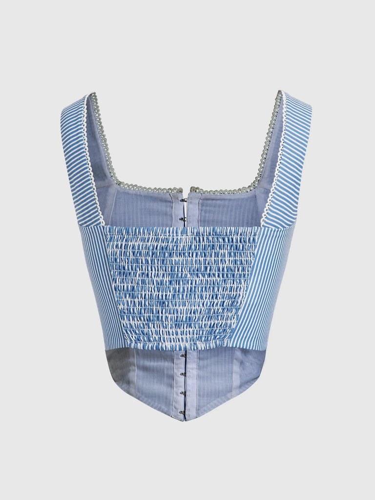 Back view of a Blue and white striped sleeveless corset top with a square neckline, designed as a stylish crop top.
