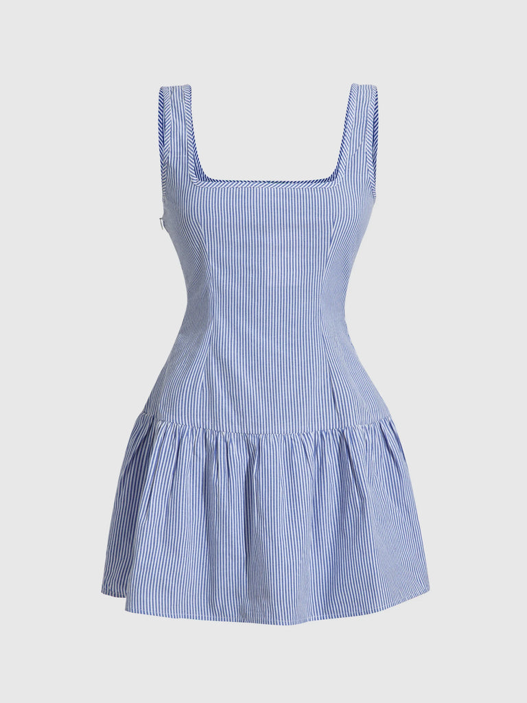 Blue striped sleeveless mini dress featuring a square neckline, showcasing a stylish and modern design.
