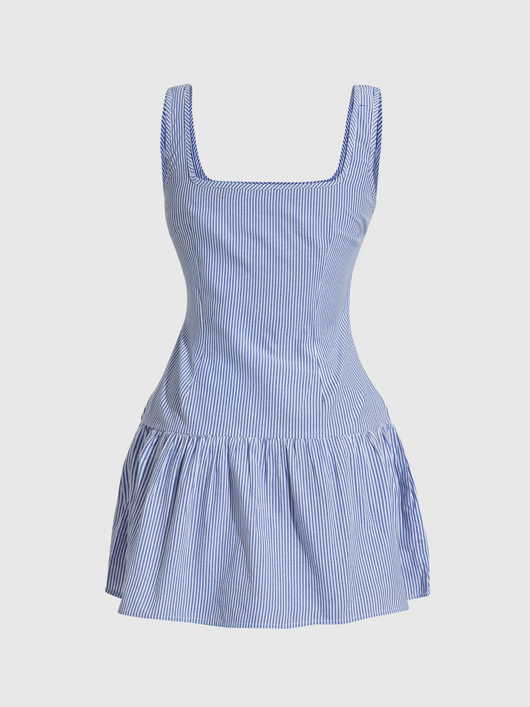 Back view of a Blue striped sleeveless mini dress featuring a square neckline, showcasing a stylish and modern design.