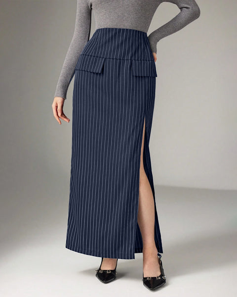 Striped Slit Hem Midi Skirt in Navy Blue Front View For Women | Littlebox India