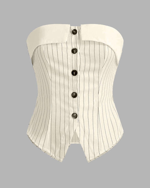 white corset featuring black and white stripes, designed as a bandeau sleeveless top with a button front detail