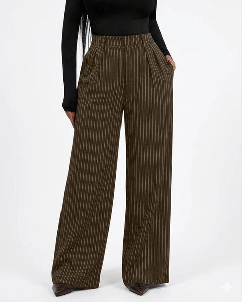 Striped Suit Pants High Waist Trousers in Brown Front View For Women | Littlebox India