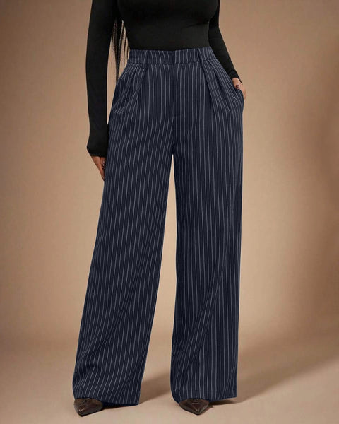 Striped Suit Pants High Waist Trousers in Navy Blue Front View For Women | Littlebox India