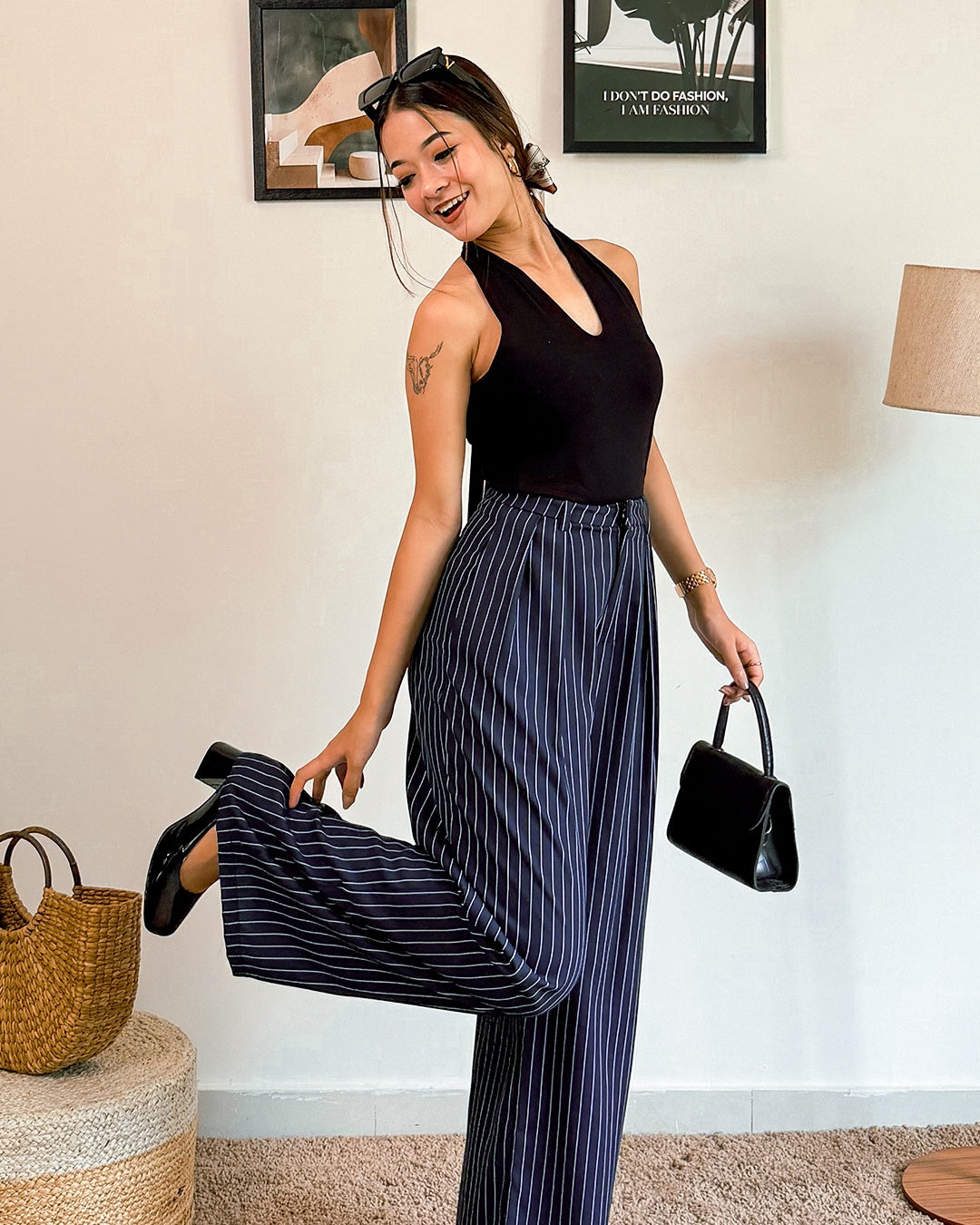 blue dress pants women Striped Suit High Waist Trousers in Navy Blue- Littlebox India Color:Black / Silver rise waist Hook and EU_fulfill Shirley MacLaine in What
