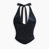 Striped Tie Halter Neck Fitted Top in Dark Navy Blue Front View for Women | Littlebox India