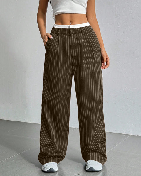 Striped Waistband Wide Leg Suit Trousers in Brown Front View For Women | Littlebox India
