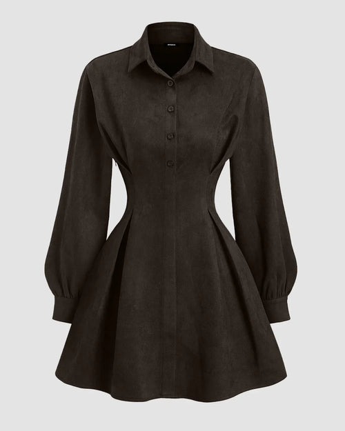 Front view of Dark brown suede collared mini dress with A-line silhouette and ruched waist, featuring long sleeves and flared hem