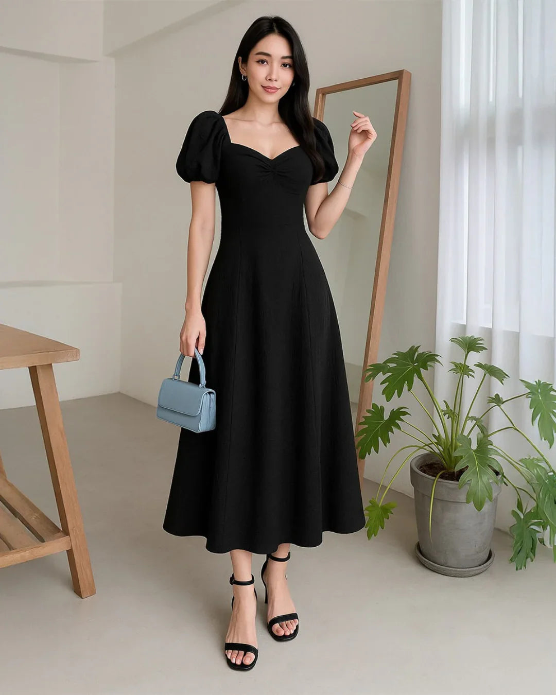 Black Puff Sleeve Cinch Waist Dress - Littlebox India Black Puff Sleeve Cinch Waist Dress - Littlebox India