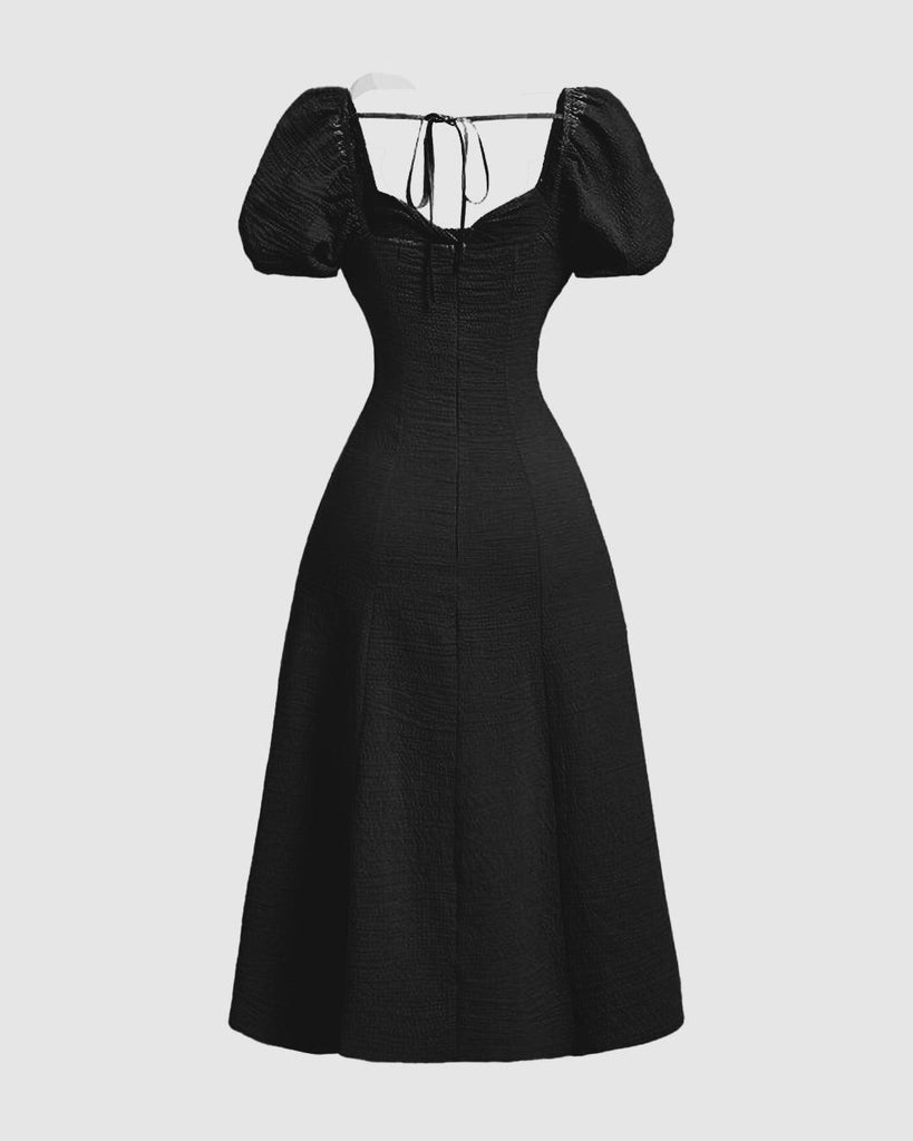 black dress with white sleeves Black Puff Sleeve Cinch Waist Dress