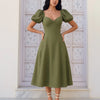 Summer Elegant Solid Color Puff Sleeve Cinch Waist Dress On Model for Women | Littlebox India