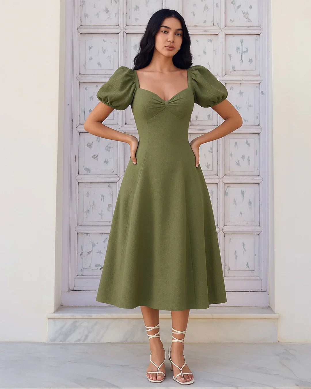 Solid Color Puff Sleeve Cinch Waist Dress Littlebox India