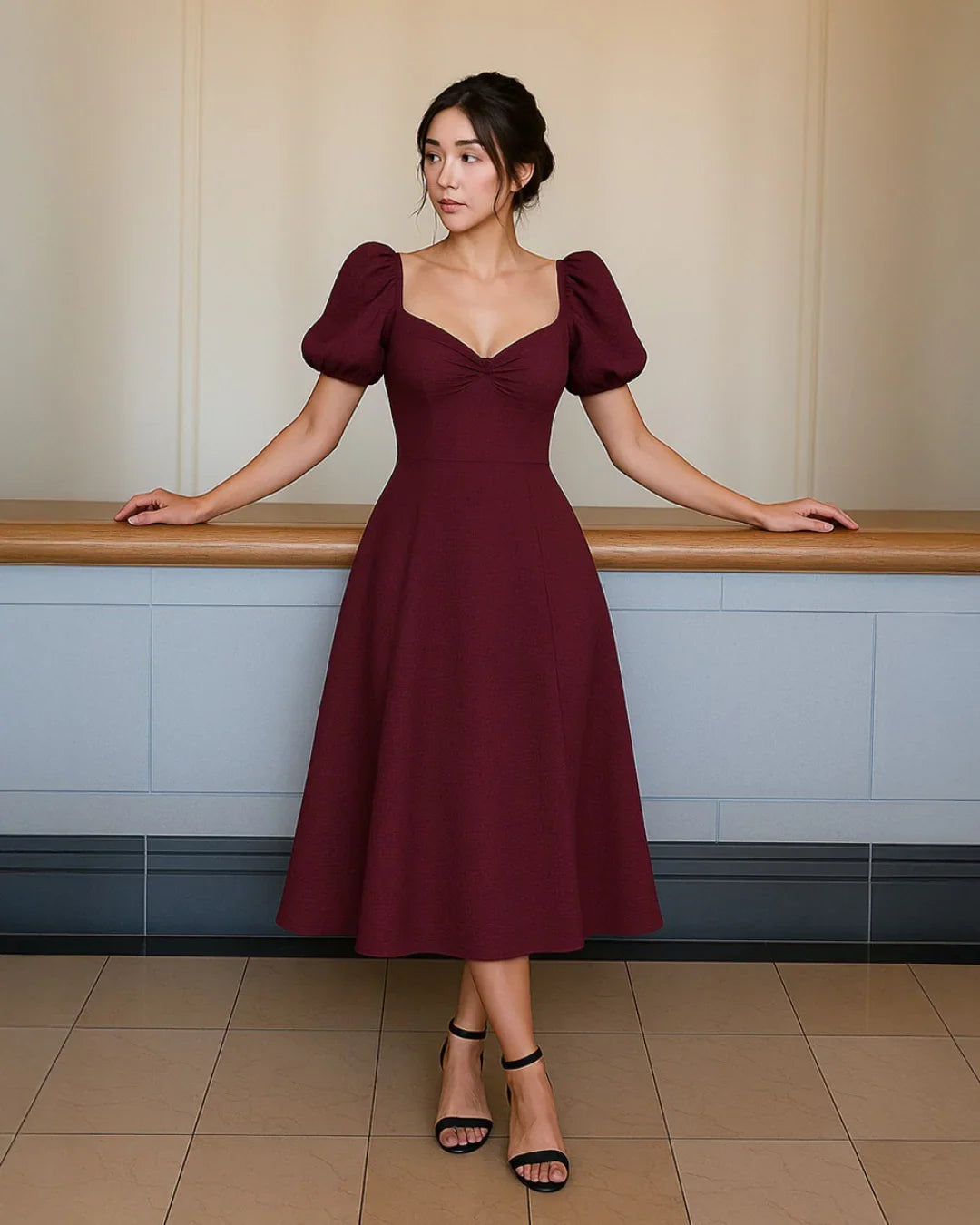 Summer Elegant Solid Color Puff Sleeve Cinch Waist Dress In Maroon