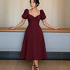 Summer Elegant Solid Color Puff Sleeve Cinch Waist Dress In Maroon