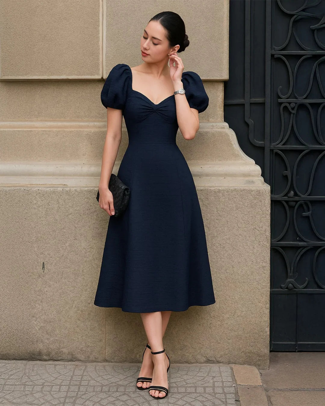 Puff Sleeve Cinch Waist Dress In Navy Blue - Littlebox India