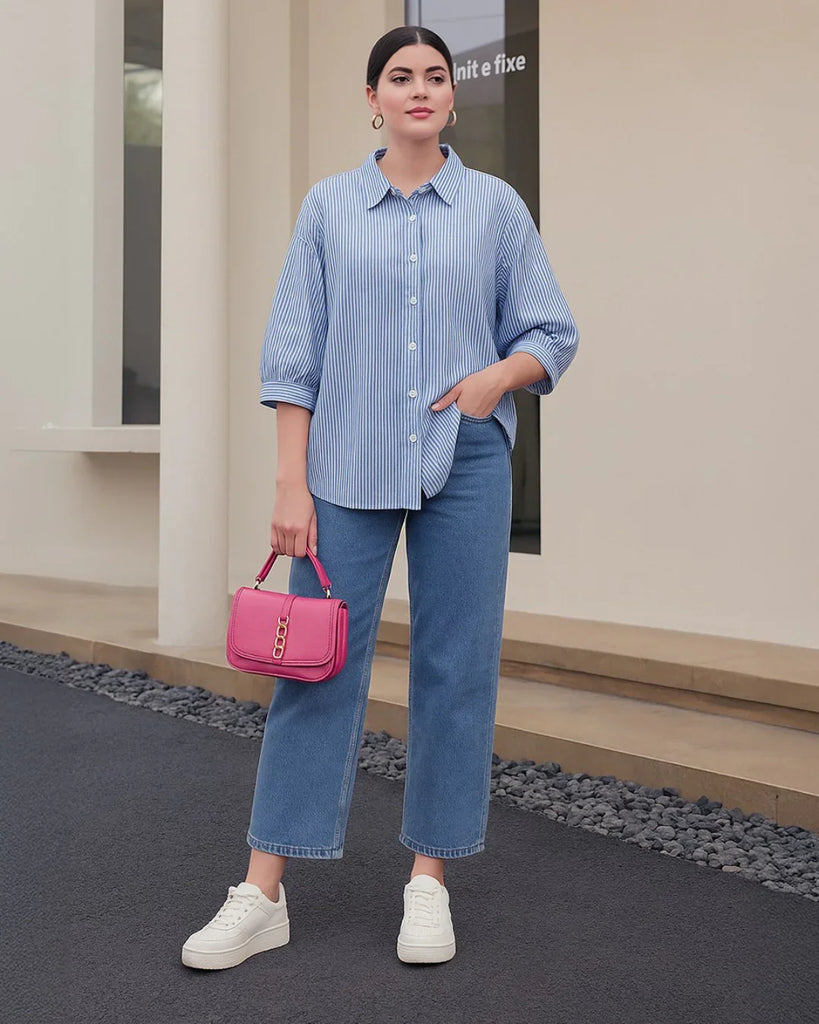 Front view of a model dressed in a blue Summer Stripes shirt and denim shorts, perfect for a casual summer day
