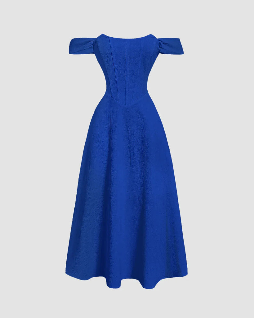 Surf blue off-the-shoulder dress featuring a faux fishbone design, perfect for a romantic occasion.