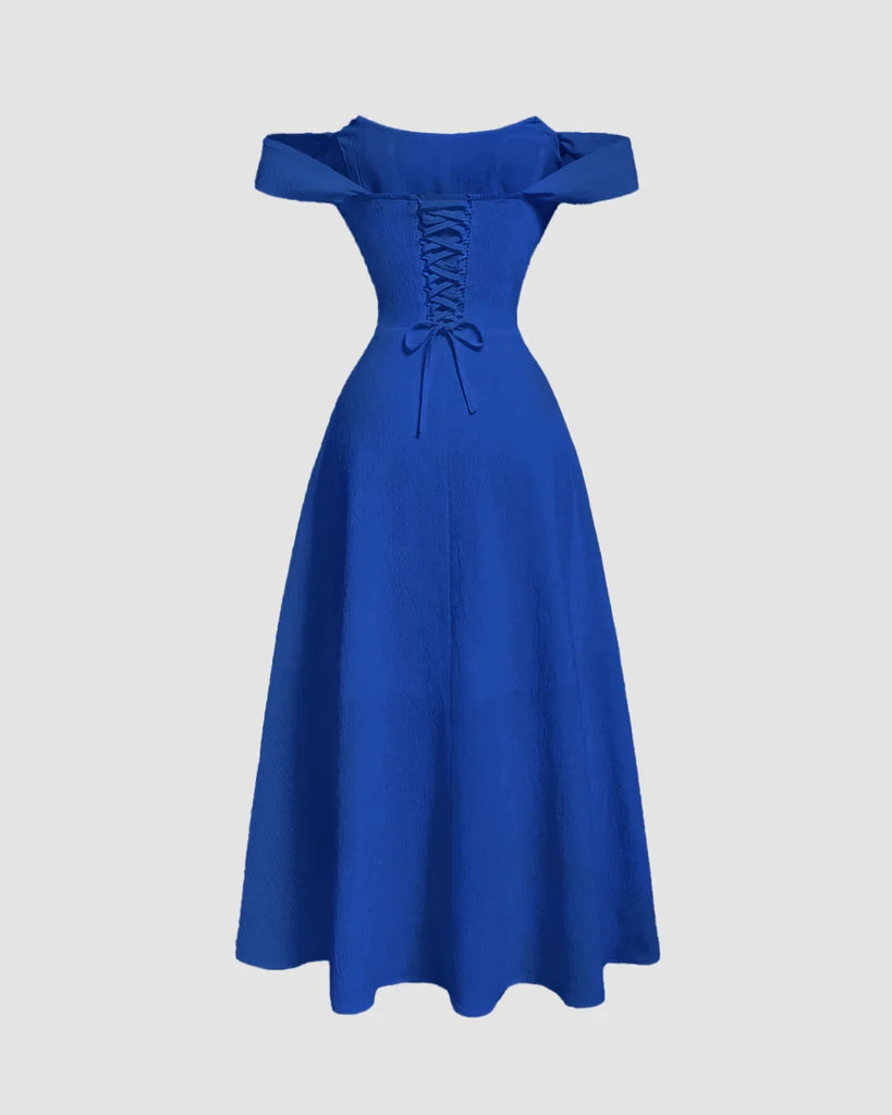 Back view of a Surf blue off-the-shoulder dress featuring a faux fishbone design, perfect for a romantic occasion.
