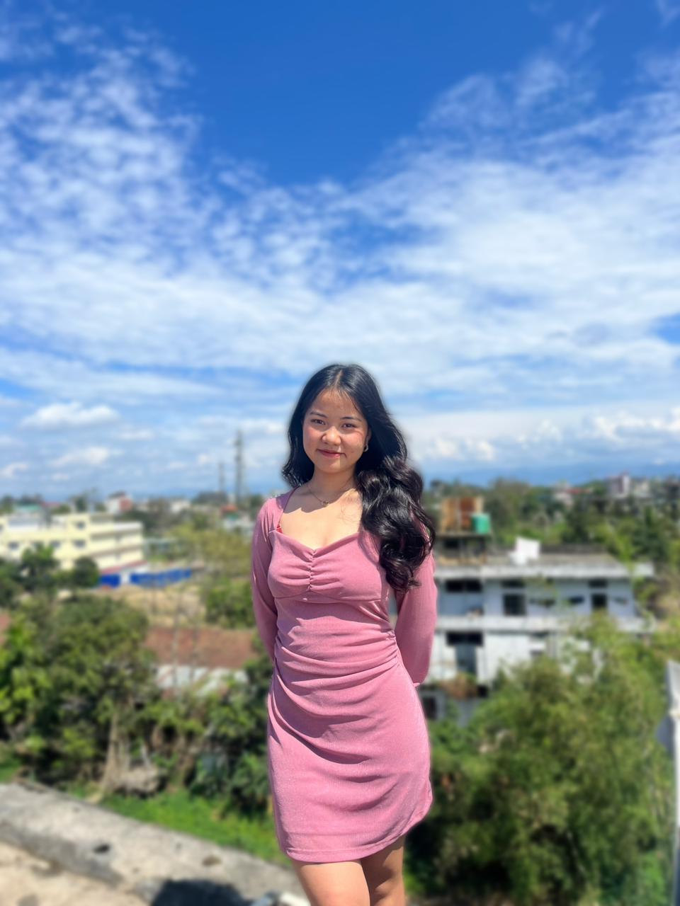 Customer photo 2 of Sweetheart Bell Sleeve Glitter Cut Out Ruched Mini Dress in Pink