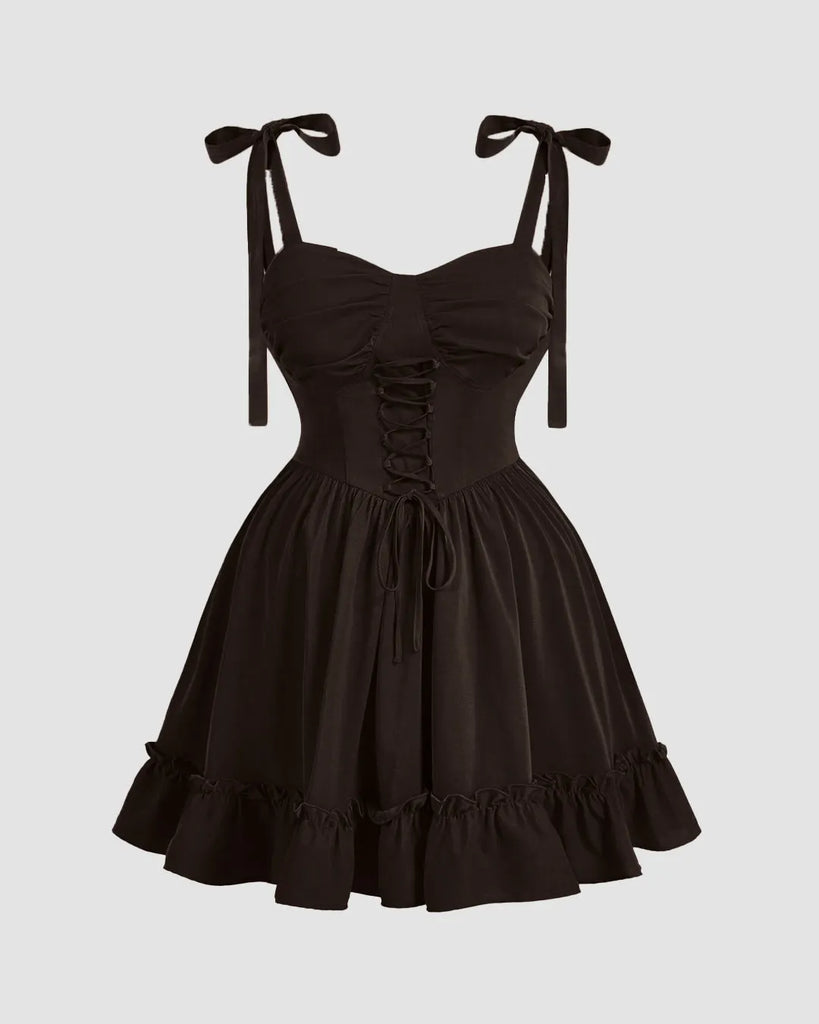 Chocolate-hued sweetheart-neck dress featuring a lace-up waist for a romantic, sculpted silhouette.