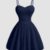 Navy blue sweetheart neck fit and flare sleeveless mini dress with spaghetti straps.
