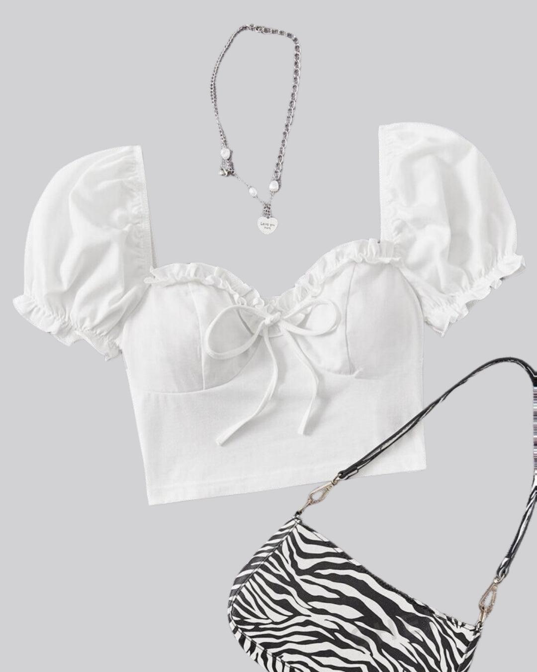 Sweetheart Neck Frill Trim Knot Front Puff Sleeve Crop White Top