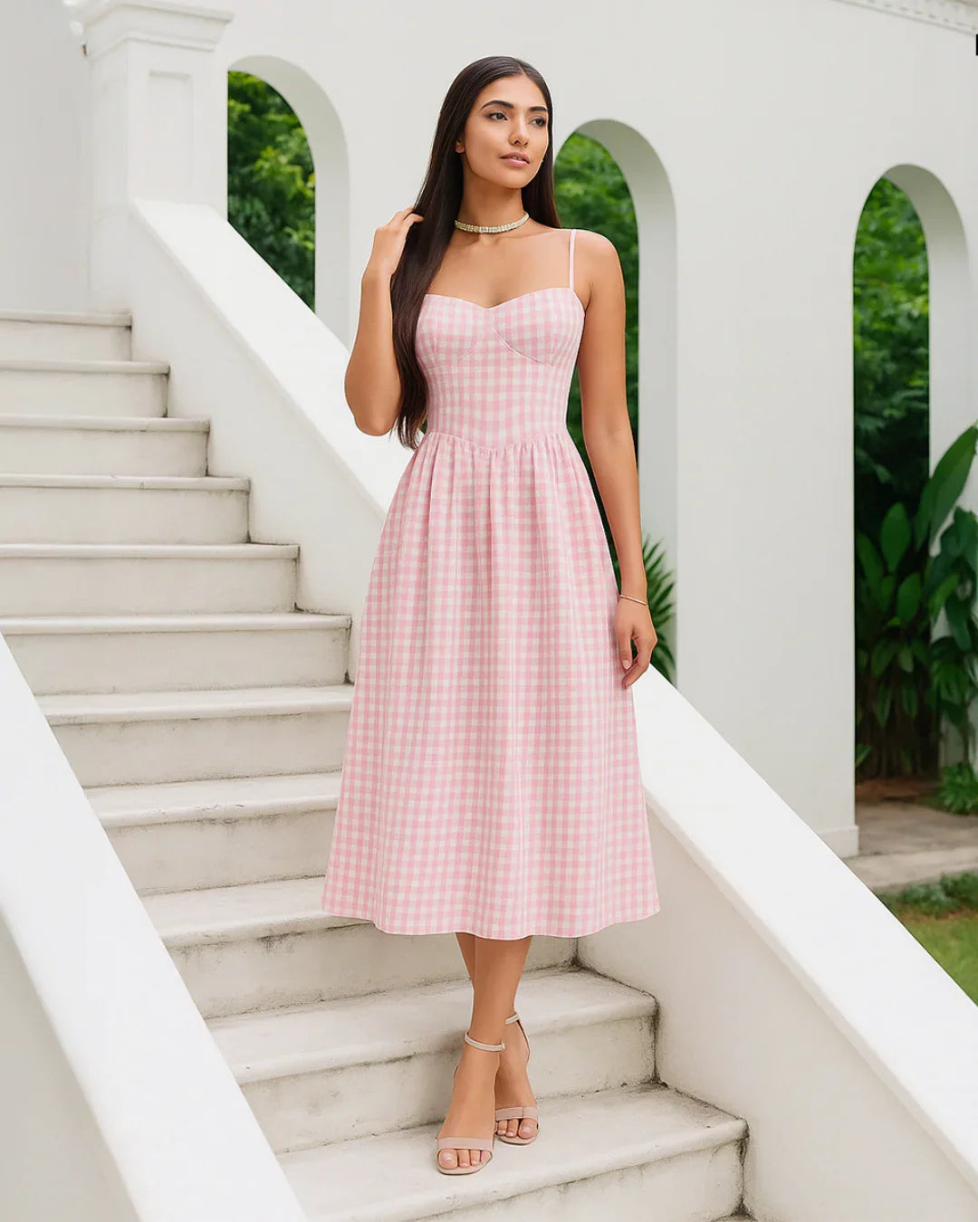 Sweetheart Neck Gingham Midi Dress - Littlebox India Sweetheart Neck Gingham Midi Dress - Littlebox India