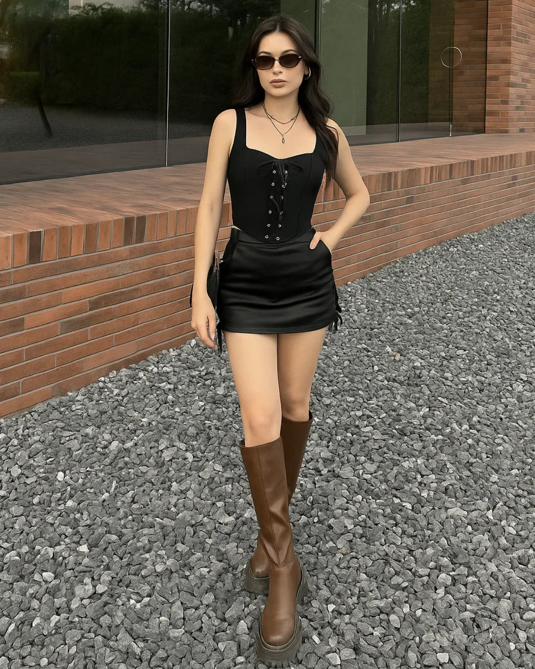 Lace-Up Sleeveless Corset Top in Black - Littlebox India