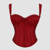 Front view of Cherry red corset top with lace trim, designed for a sculpted fit and detailed lace accents