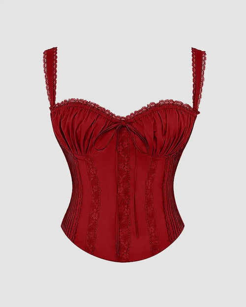 Front view of Cherry red corset top with lace trim, designed for a sculpted fit and detailed lace accents