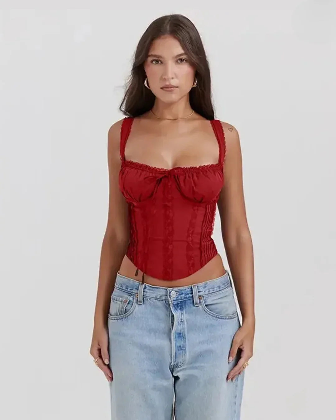 Lace Detail Sleeveless Corset Top in Red - Littlebox India