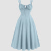 Sweetheart Neck Midi Dress with Shoulder Ties in Sky Blue Front View for Women | Littlebox India