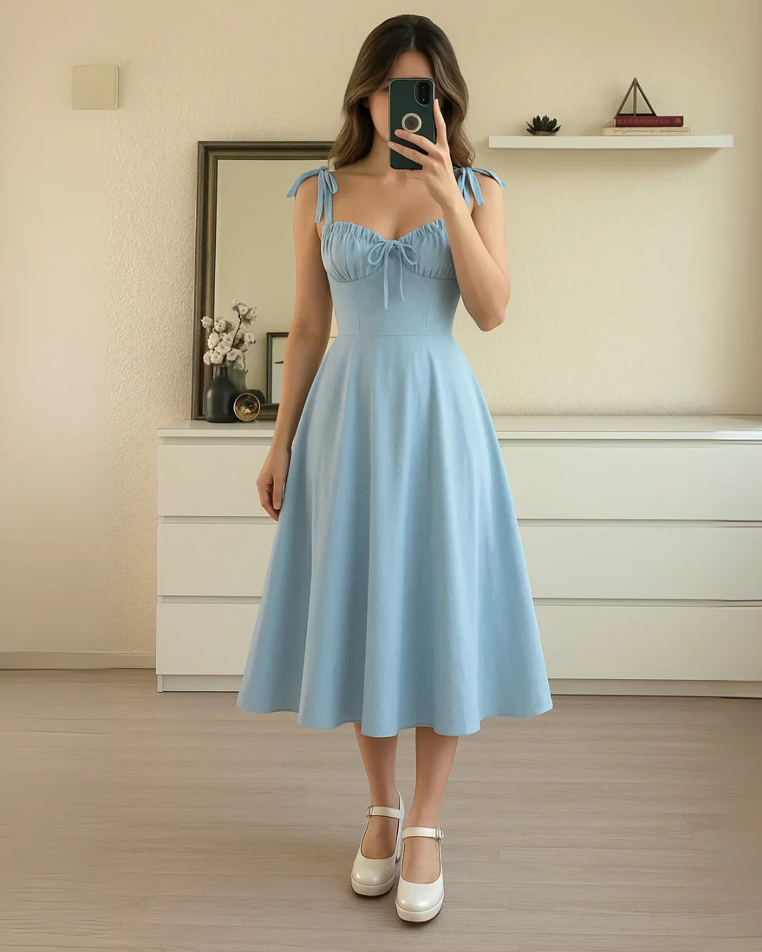 sweetheart-neck ruched midaxi dress in light blue Sweetheart-Neck Ruched Midaxi Dress in Pastel Yellow