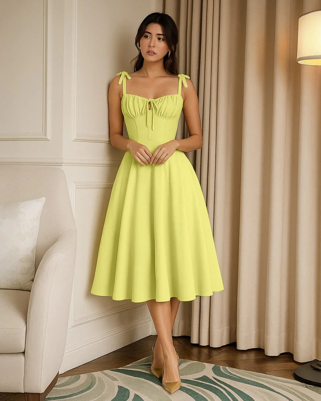 Midi Dress with Shoulder Ties in Yellow - Littlebox India